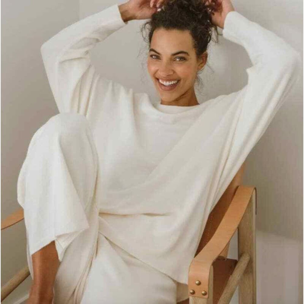Womens Jenni Kayne Marina Drop Shoulder Pullover Sweater Ivory Cotton Size XXS